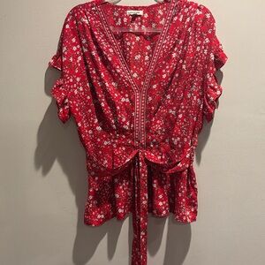 Max Studio Red Floral Tie-Front Blouse